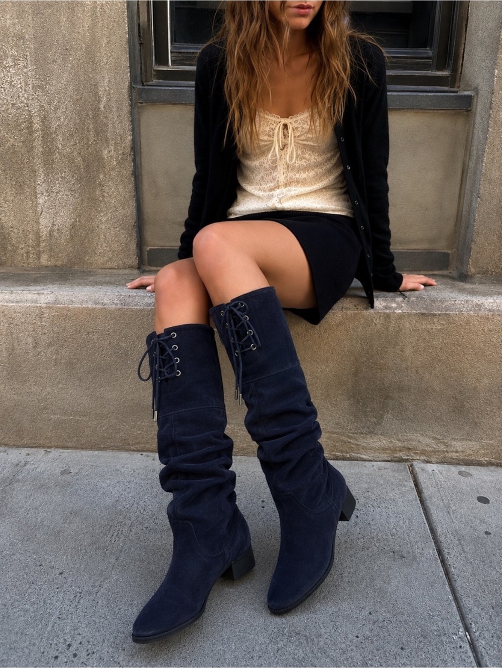 Matisse Camilla Navy Suede Tall Over The Knee Slouch Boots Lace Up 9W